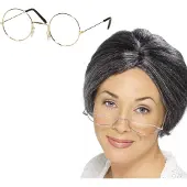 Smiffys - Oma Sarah carnaval verkleed set - pruik grijs met knotje - en oma brilletje