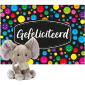 Keel Toys pluche olifant knuffel 14 cm met Gefeliciteerd A5 wenskaart - Knuffeldier