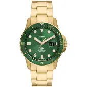 Fossil blue quartz goud heren horloge met groene wijzerplaat & roestvrij stalen band