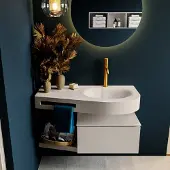 Mondiaz RIVA 100cm badmeubel onderkast / planchet kleur Linen met 1 lade. Wastafel DULCET rechts 1 kraangat kleur Linen.
