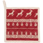 Clayre & Eef Pannenlap 20x20 cm Rood Beige Katoen Vierkant Kerst Afgiet Pannenlap Rood Afgiet Pannenlap