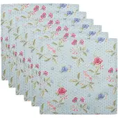Clayre & Eef Servetten Katoen Set van 6 40x40 cm Blauw Groen Katoen Vierkant Bloemen Servet Stof Blauw Servet Stof