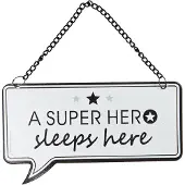 Clayre & Eef Tekstbord 14x9 cm Wit Zwart Metaal Rechthoek Superhero Wandbord Wit Wandbord