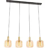 QAZQA Design hanglamp zwart met messing en amber glas 4-lichts - Zuzanna