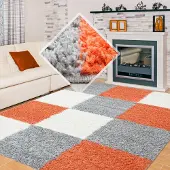 Muratap Basic shaggy geblokt vloerkleed oranje / grijs hoogpolig- 80x250