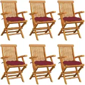 vidaXL Klapstoelen met wijnrode kussens, 6 stuks, massief teakhout