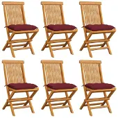 vidaXL Klapstoelen met wijnrode kussens, 6 stuks, massief teakhout