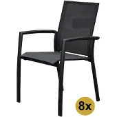 AVH-Collectie Set van 8 Malaga stapelbare tuinstoelen antraciet aluminium textileen