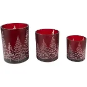 Clayre & Eef Theelichthouder Set van 3 Rood Glas Rond Dennenbomen Waxinelichthouder Rood Waxinelichthouder