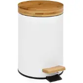 Andrea house Papierbak met pedaal, , mat wit, metaal en bamboe, 3 liter (diameter 17 x hoogte 26 cm)