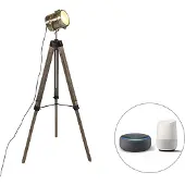 QAZQA Smart vloerlamp tripod hout met studiospot incl. Wifi B35 - Braha