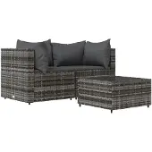 vidaXL 3-delige Loungeset met kussens poly rattan grijs