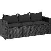 vidaXL Tuinset met 3 zitplaatsen, inclusief kussens, zwart, van polyrotan