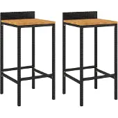 vidaXL Barkrukken 2 st poly rattan en massief acaciahout zwart