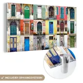 MuchoWow Glasschilderij 40x20 cm - Schilderij acrylglas - Deuren - Regenboog - Architectuur - Collage - Foto op glas - Schilderijen