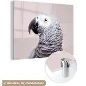 MuchoWow Glasschilderij 80x60 cm - Schilderij acrylglas - Papegaai - Grijs - Dieren - Natuur - Foto op glas - Schilderijen