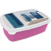 MuchoWow Broodtrommel Roze - Lunchbox - Brooddoos - Deur - Blauw - Wit - Architectuur - 18x12x6 cm - Kinderen - Meisje