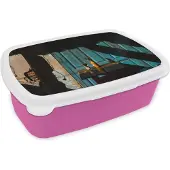 MuchoWow Broodtrommel Roze - Lunchbox - Brooddoos - Deur - Blauw - Architectuur - Vaas - 18x12x6 cm - Kinderen - Meisje