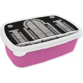 MuchoWow Broodtrommel Roze - Lunchbox - Brooddoos - Architectuur - Zwart - Wit - Patroon - 18x12x6 cm - Kinderen - Meisje