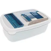 MuchoWow Broodtrommel Wit - Lunchbox - Brooddoos - Deur - Blauw - Wit - Architectuur - 18x12x6 cm - Volwassenen