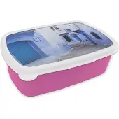 MuchoWow Broodtrommel Roze - Lunchbox - Brooddoos - Straat - Blauw - Deuren - Huizen - 18x12x6 cm - Kinderen - Meisje