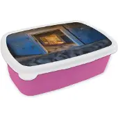 MuchoWow Broodtrommel Roze - Lunchbox - Brooddoos - Zand - Blauw - Deur - Architectuur - 18x12x6 cm - Kinderen - Meisje