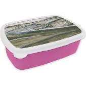 MuchoWow Broodtrommel Roze - Lunchbox - Brooddoos - Abstract - Heuvels - Natuur - Groen- Kunst - 18x12x6 cm - Kinderen - Meisje