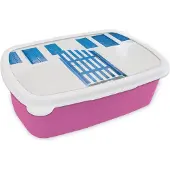 MuchoWow Broodtrommel Roze - Lunchbox - Brooddoos - Architectuur - Hek - Wit - Blauw - Deuren - 18x12x6 cm - Kinderen - Meisje