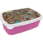 MuchoWow Broodtrommel Roze - Lunchbox - Brooddoos - Deuren - Kleurrijk - Collage - Architectuur - 18x12x6 cm - Kinderen - Meisje