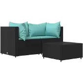 vidaXL 3-delige Loungeset met kussens poly rattan zwart