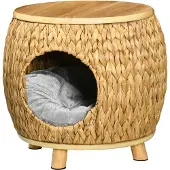 PawHut Paws 2-in-1 kattengrot met waterhyacintgras, wasbaar kussen 44 cm x 43 cm x 42 cm, lichtbruin+natuurlijk hout+grijs