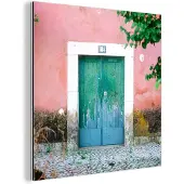 MuchoWow Wanddecoratie Metaal - Aluminium Schilderij Industrieel - Deur - Groen - Roze - Verf - 50x50 cm - Dibond - Foto op aluminium - Industriële muurdecoratie - Voor de woonkamer/slaapkamer