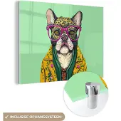 MuchoWow Glasschilderij 160x120 cm - Schilderij acrylglas - Hond - Hippie - Dieren - Bril - Foto op glas - Schilderijen