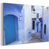 MuchoWow Wanddecoratie Metaal - Aluminium Schilderij Industrieel - Straat - Blauw - Deuren - Huizen - 60x40 cm - Dibond - Foto op aluminium - Industriële muurdecoratie - Voor de woonkamer/slaapkamer