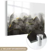 MuchoWow Glasschilderij 180x120 cm - Schilderij acrylglas - Marmer - Zwart - Goud - Luxe - Marmerlook - Foto op glas - Schilderijen