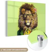 MuchoWow Glasschilderij 180x120 cm - Schilderij acrylglas - Leeuw - Man - Dier - Bril - Bloemen - Foto op glas - Schilderijen