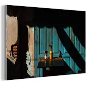 MuchoWow Wanddecoratie Metaal - Aluminium Schilderij Industrieel - Deur - Blauw - Architectuur - Vaas - 60x40 cm - Dibond - Foto op aluminium - Industriële muurdecoratie - Voor de woonkamer/slaapkamer