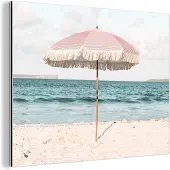 MuchoWow Wanddecoratie Metaal - Aluminium Schilderij Industrieel - Parasol - Strand - Zee - Wolken - 160x120 cm - Dibond - Foto op aluminium - Industriële muurdecoratie - Voor de woonkamer/slaapkamer
