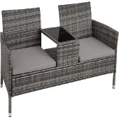 TecTake - wicker tuinbank met tafel, 2-zitsbank, 131 x 61 x 82 cm, bank voor tuinbalkon en terras, tuinbank inclusief zitkussen - grijs/lichtgrijs - poly-rattan