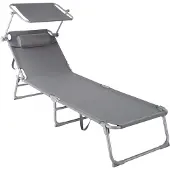 Merkloos tectake - ligstoel, robuust, verstelbaar, stalen onderstel met zonnescherm, 4-standen rugleuning inclusief hoofdkussen, strandstoel Ideaal voor tuin, zwembad, camping - grijs
