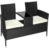 TecTake - wicker tuinbank met tafel, 2-zitsbank, 131 x 61 x 82 cm, bank voor tuinbalkon en terras, tuinbank inclusief zitkussen - zwart/beige - poly-rattan