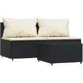 vidaXL 3-delige Loungeset met kussens poly rattan zwart
