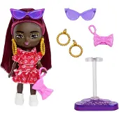 Barbie Extra Mini Minis Pop met Burgondisch Haar, Rode Ruffle Jurk, Zonnebril & Accessoires, 3.25-inch