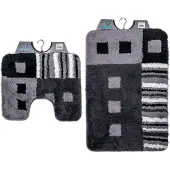 Wicotex Wicotex-Badmat set met Toiletmat-WC mat-met uitsparing modern zwart grijs wit-Antislip onderkant
