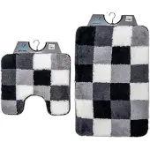 Wicotex Wicotex-Badmat set met Toiletmat-WC mat-met uitsparing zwart grijs wit geblokt-Antislip onderkant