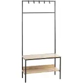 Haku Staande kapstok , 5 haken, totaal draagvermogen 15 kg, 2 legplanken, B 800 x D 350 x H 1800 mm, staal/hout/metaal, decor zwart/licht eiken