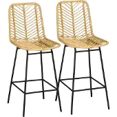 Aosom Set van 2 barkrukken in boho-design, PE-rotan, inclusief voetsteun, 42,5 cm x 52 cm x 102 cm, geel+zwart