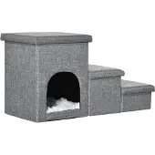 PawHut Huisdierentrap met huisdierbed, inclusief verborgen opbergruimte, 73,5 cm x 33 cm x 40,5 cm, lichtgrijs