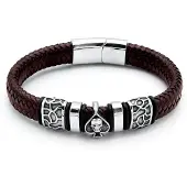 Victorious Gevlochten Leren Armband Heren – Bruin Leer – Zilverkleurig Spade - 19cm
