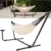 Vita5 Hangmat met Standaard – 2 Persoons – Incl. Bekerhouder – 205kg Draaggewicht – Beige/Wit